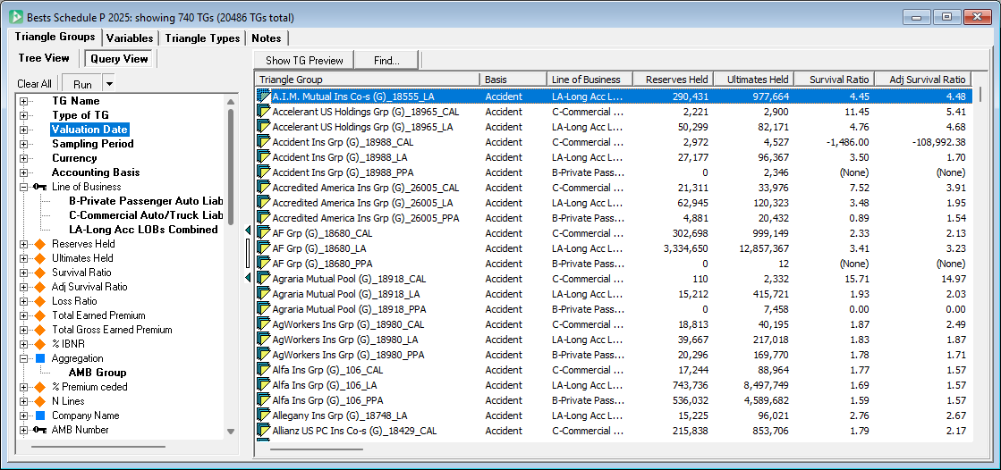 Snapshot of ELRF Best's Schedule P database view